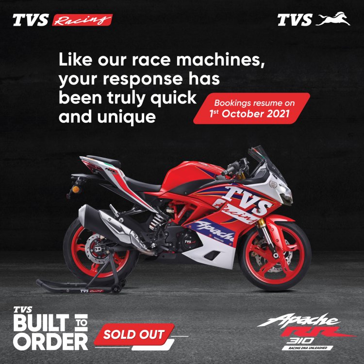 TVS Apache RR 310 Build To Order (BTO) motorcycle attains 100% bookings for the first month of its launch.